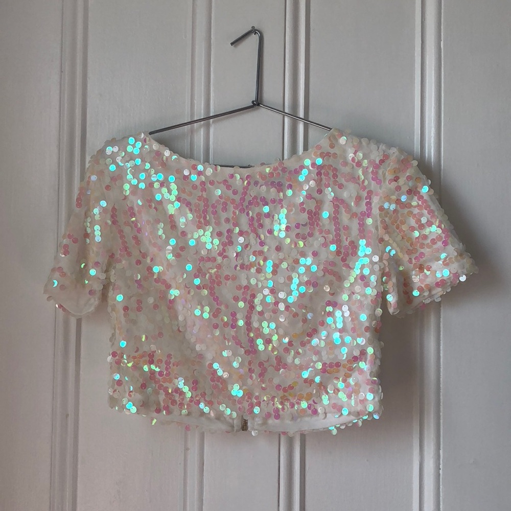 Reflective Pink sequin white crop top!